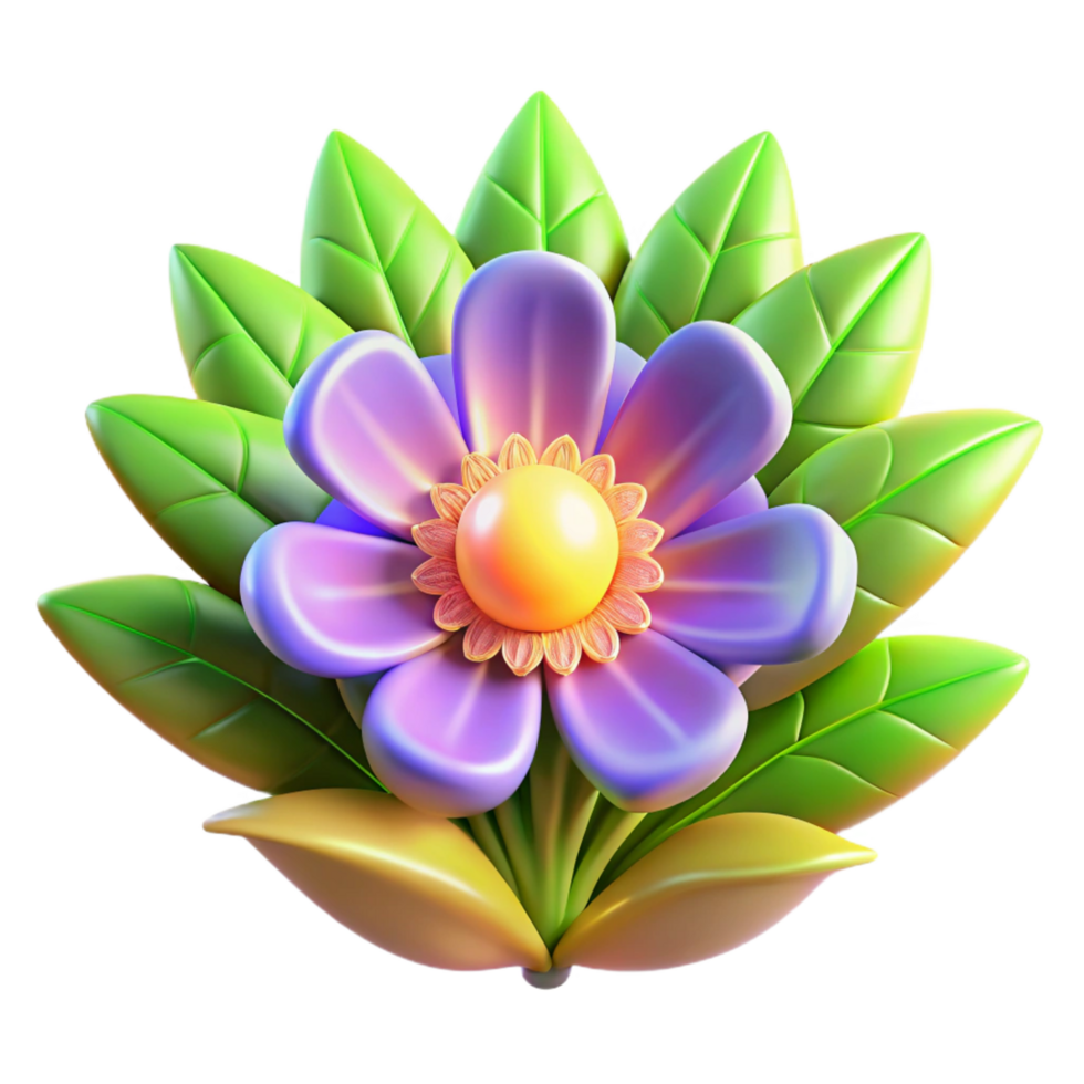 dramatic rustic 3D Render of a Purple Flower with Green Leaves authentic png