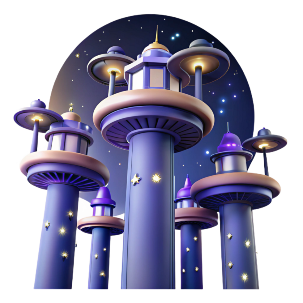 serene traditional Night Sky Towers Futuristic Fantasy Architecture high quality png