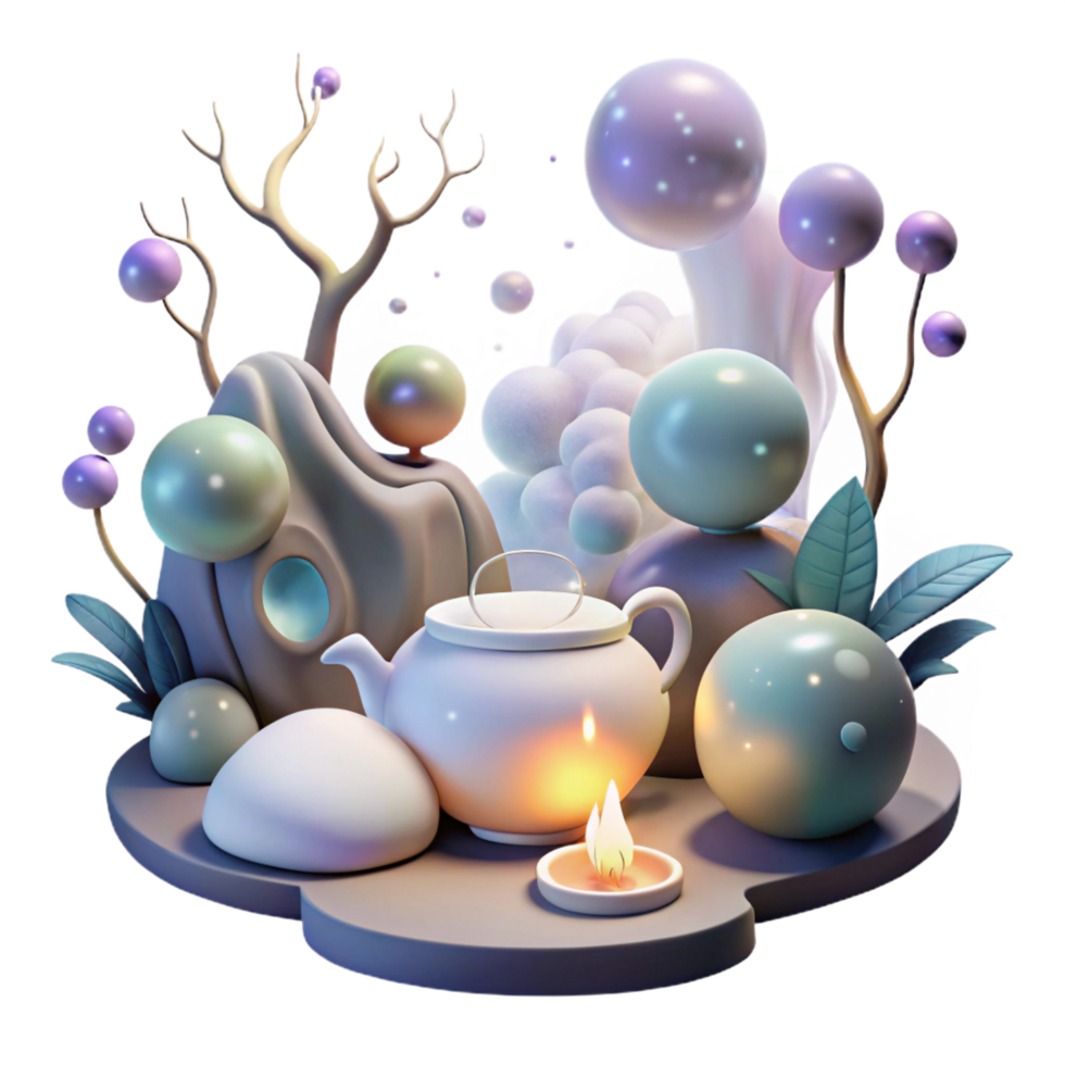 stunning contemporary Serene Teapot Scene 3D Render of Tranquil Bubbles and Plants high quality png