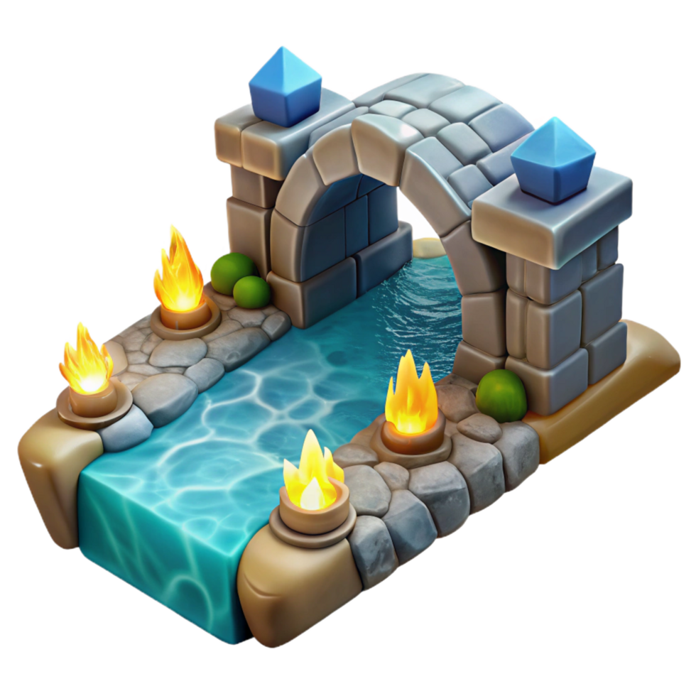 serene classic Fantasy Stone Bridge, River, and Fire Scene genuine png