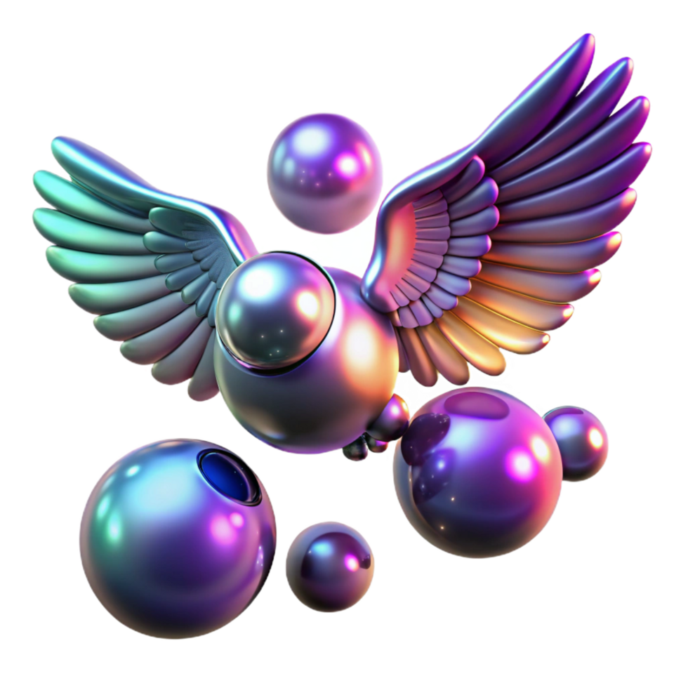 serene contemporary iridescent spheres, winged flight, abstract art, 3D rendering, digital art, colorful orbs, metallic texture, glowing effect, fantasy design, surreal art professional png