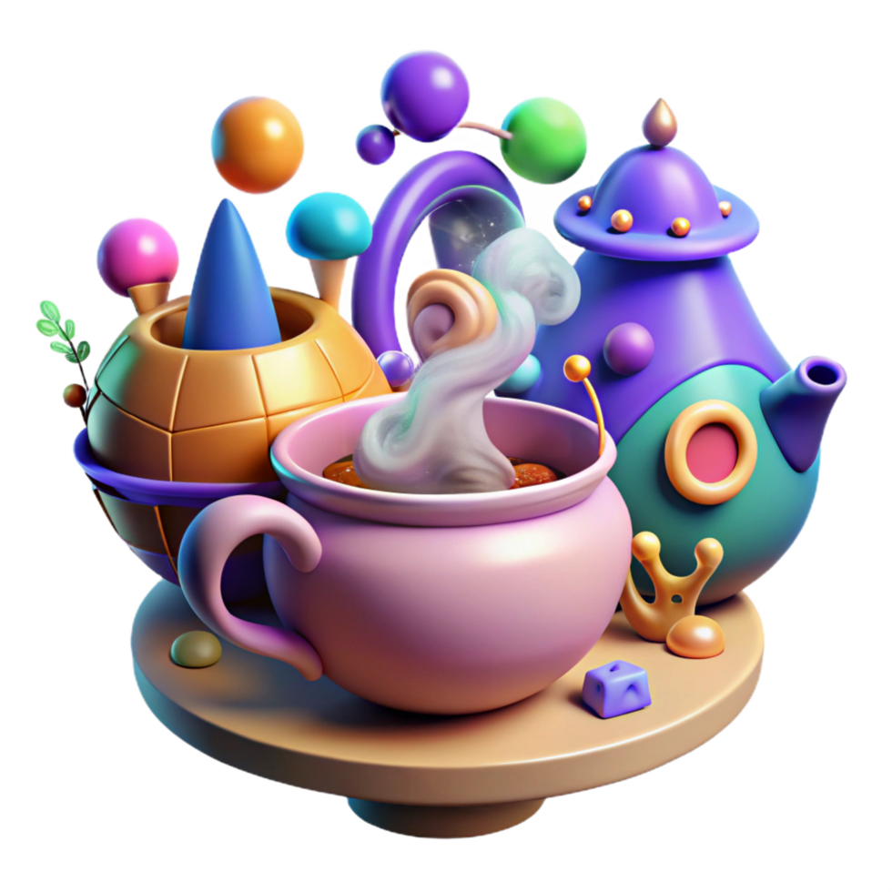 elegant artistic Whimsical Tea Party 3D Render of Fantasy Teacup and Kettle exclusive png