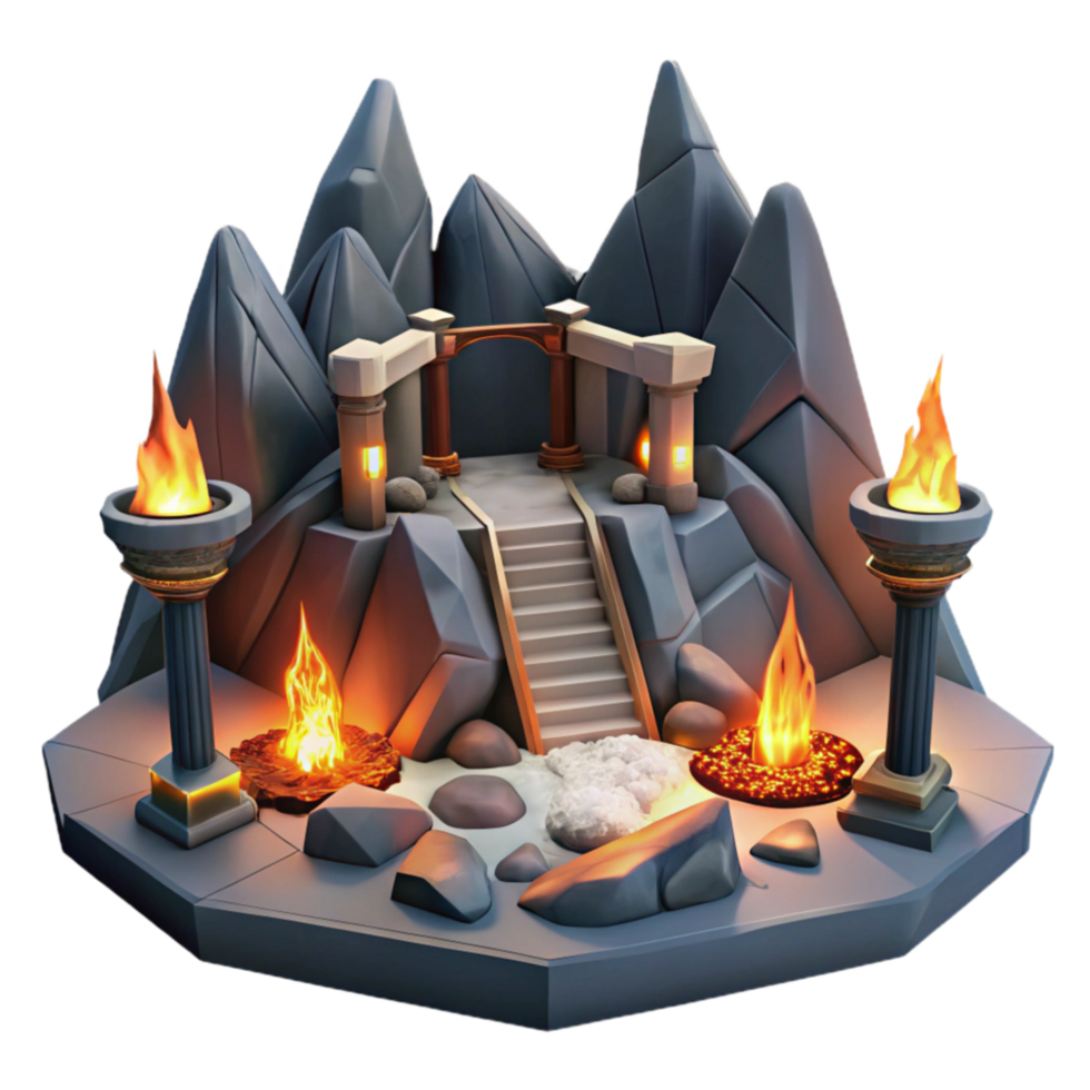 impressive abstract Mountaintop Temple 3D Model Ancient Ruins, Fire, Columns genuine png