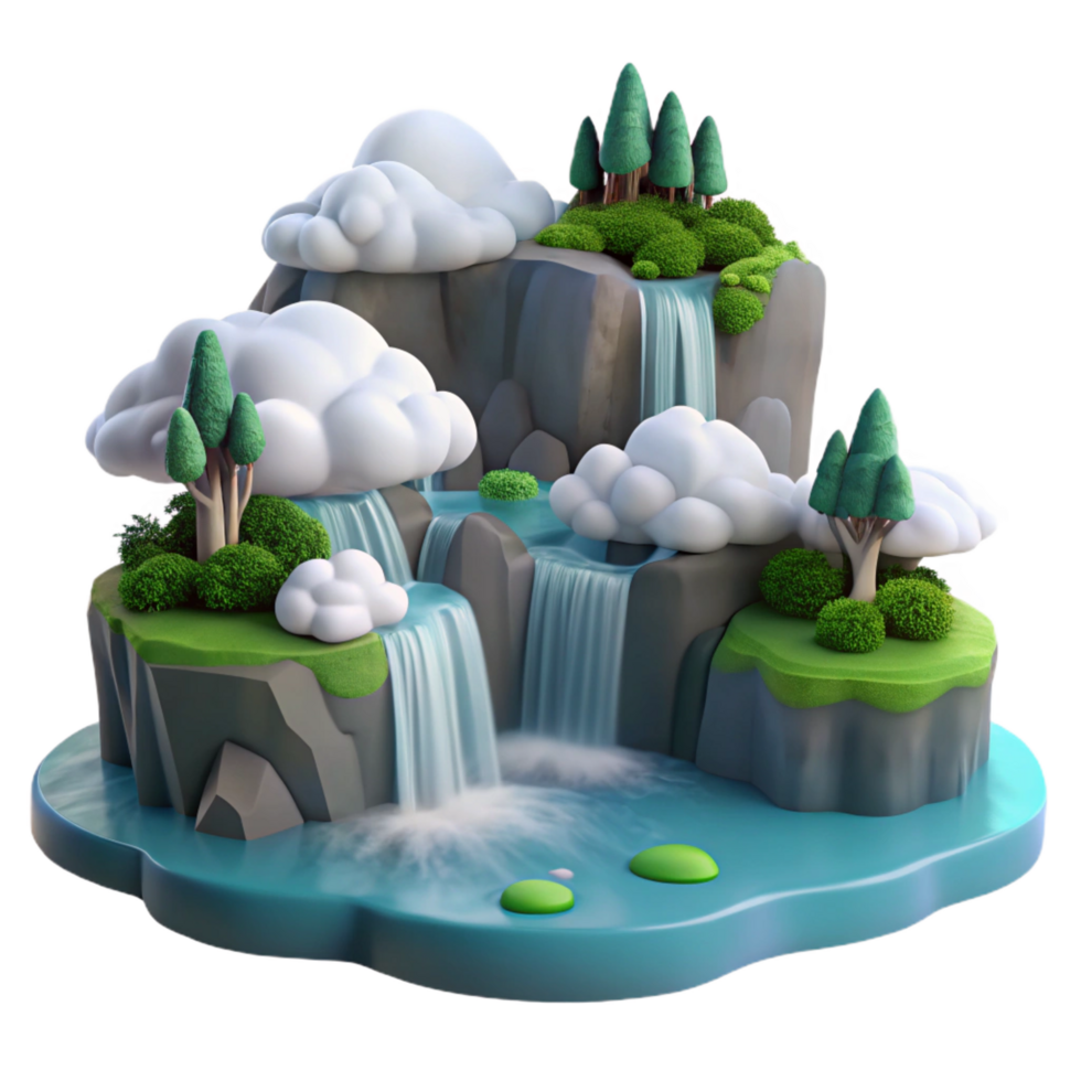 stunning artistic Serene Waterfall Landscape 3D Cartoon Nature Scene authentic png