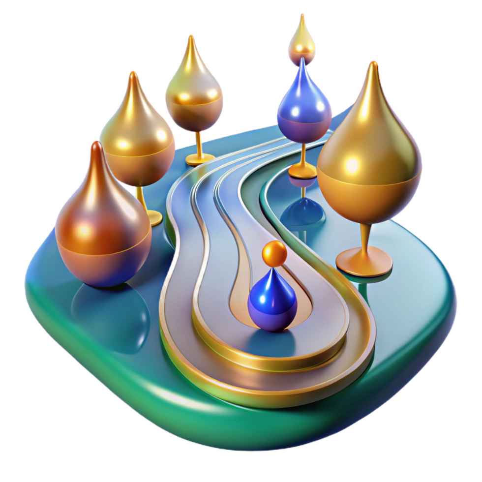 impressive minimalist Abstract 3D Render Colorful Droplet Sculptures on a Curving Path premium png