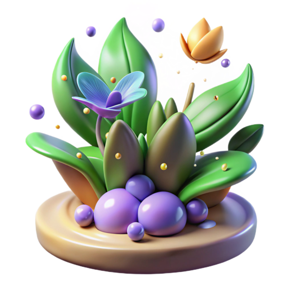 elegant modern Whimsical 3D Floral Arrangement Blooms, Leaves, and Bubbles authentic png