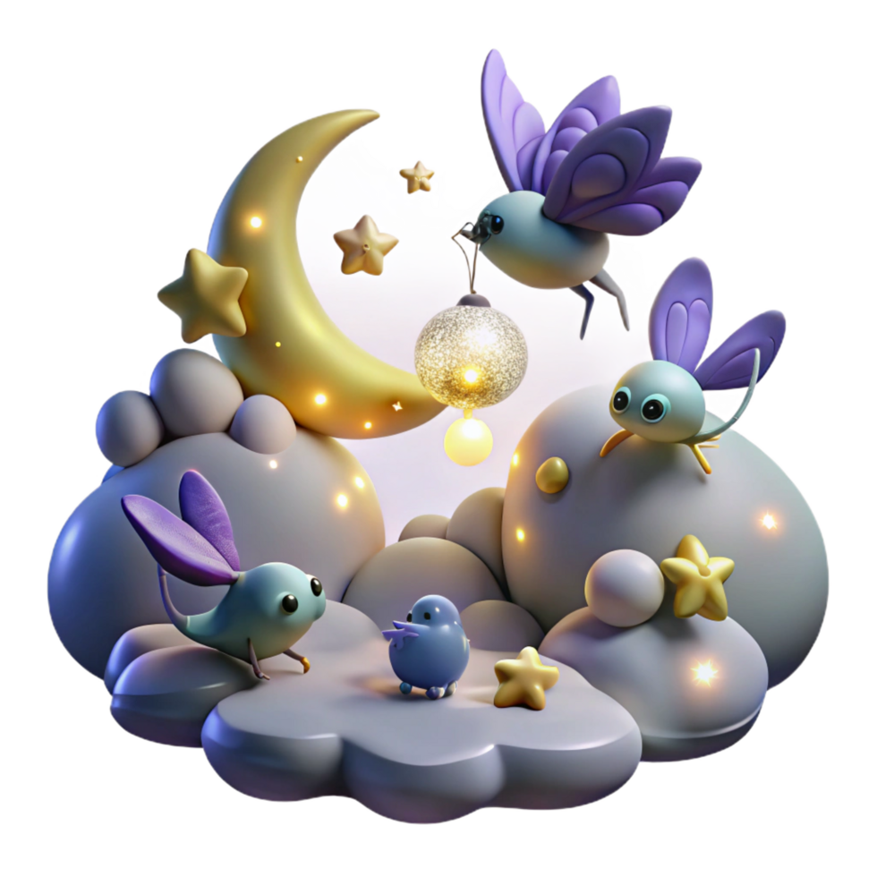 elegant contemporary Night Scene with Fantasy Creatures and Moon 4K png