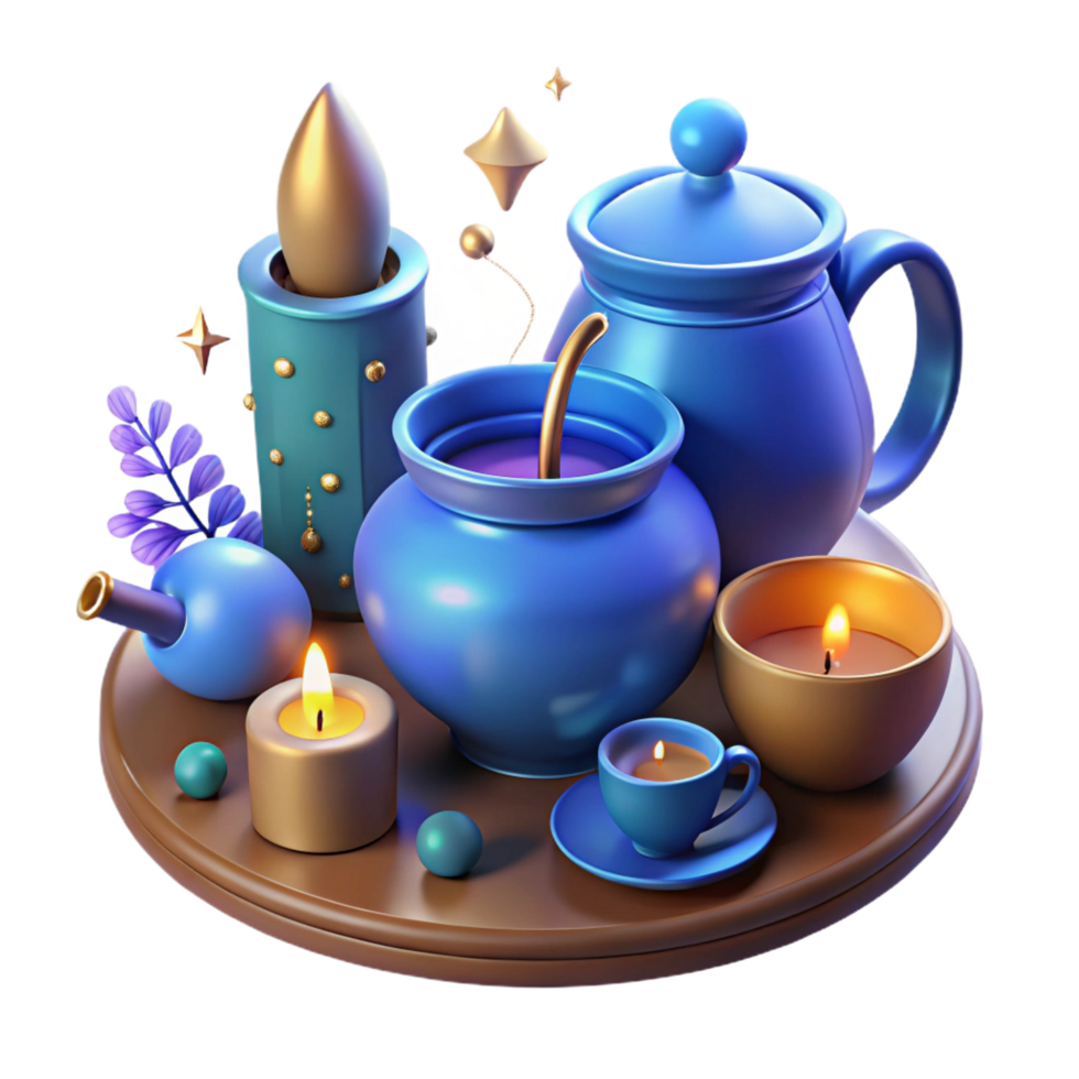 serene contemporary Enchanted Teapot Candles A Mystical 3D Render premium png
