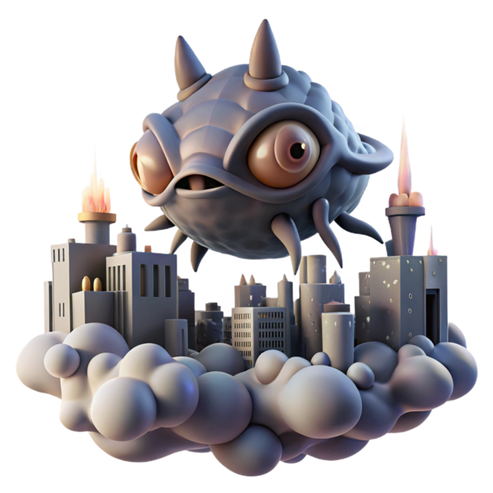 serene rustic Monster City Attack 3D Render of Giant Creature Over Cityscape authentic png