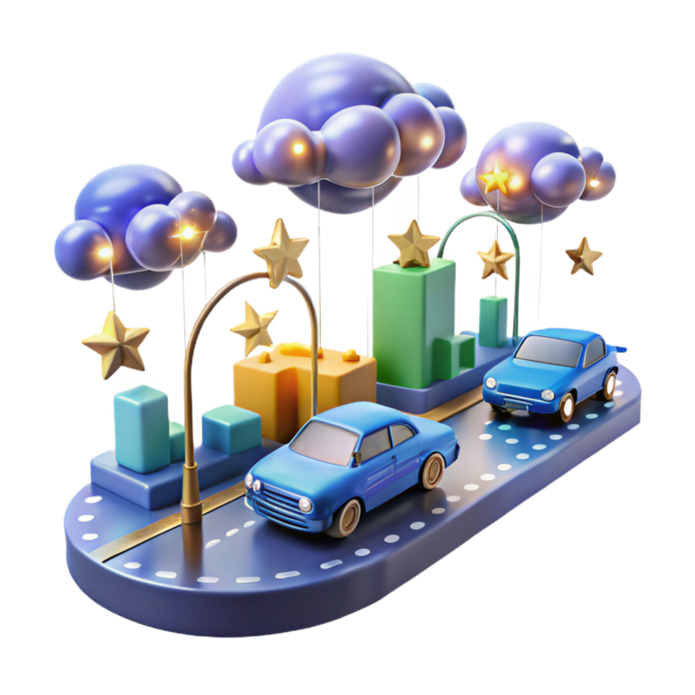 vibrant vintage Night Cityscape 3D Render of Cars, Clouds, and Stars exclusive png