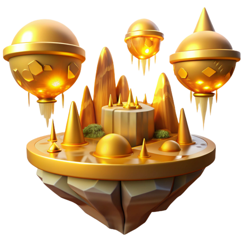 elegant modern Golden Floating Island 3D Render of Fantasy Landscape authentic png
