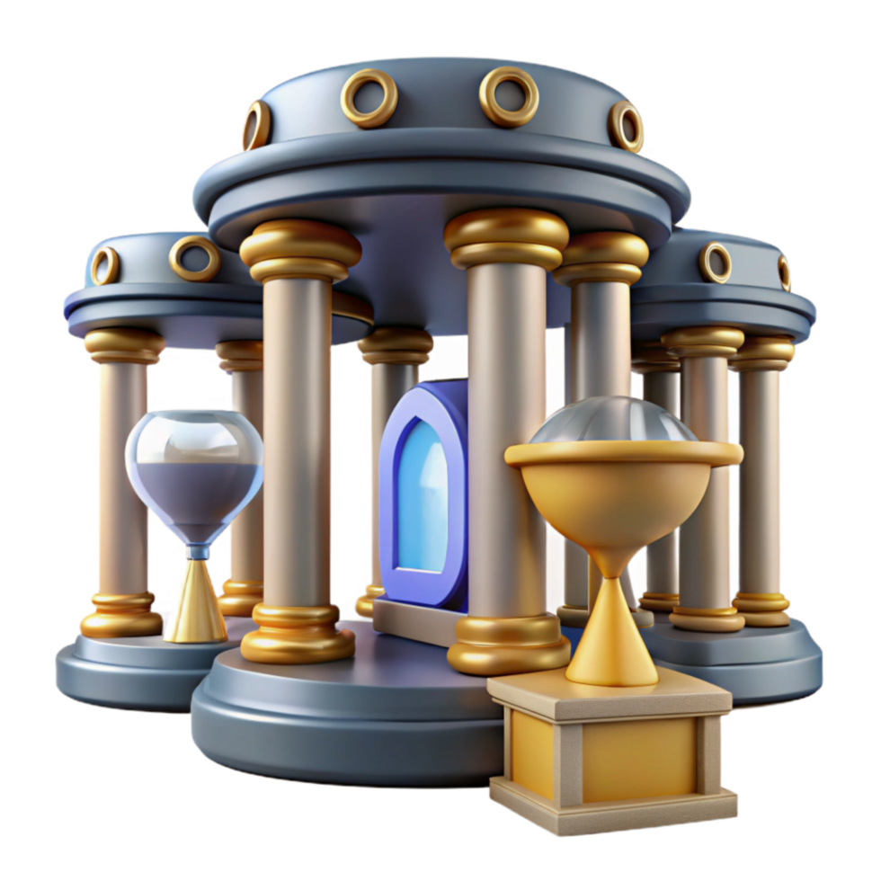 extraordinary traditional Ancient Columns, Hourglass, and Portal A 3D Render high resolution png