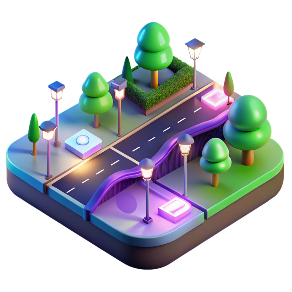 magnificent modern Night Cityscape 3D Isometric Road, Trees, and Lights 4K png