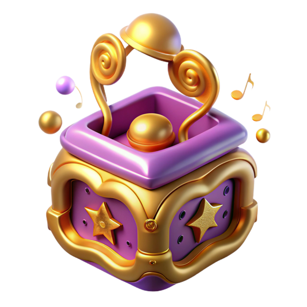 Musical Toy Box 3D Render of a Whimsical, Gold and Purple Music Box png
