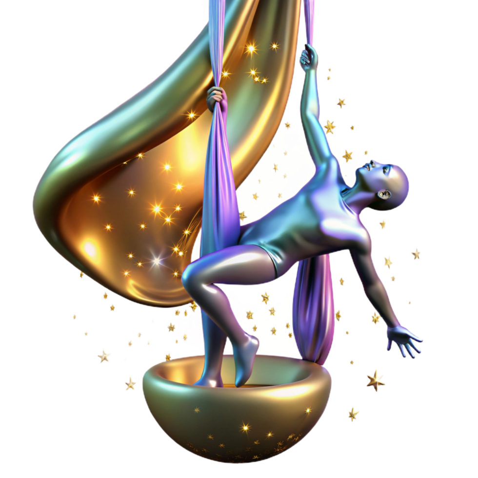 wonderful creative Aerial Dance, Celestial Silk, Starry Night, Artistic Pose, Gravity-Defying, Fluid Movement, Lyrical Motion, Golden Hues, Purple Fabric, Sculptural Form authentic png