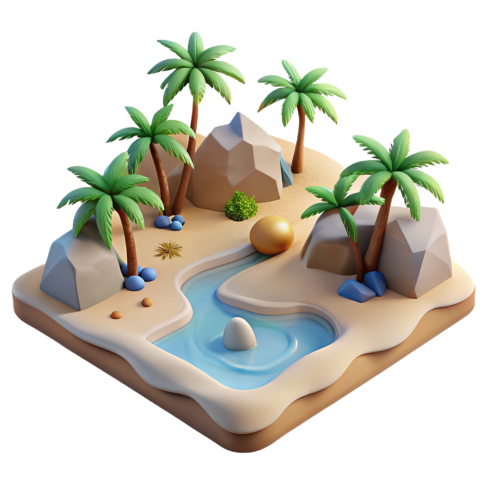 magnificent rustic Oasis Scene 3D Render of Desert Island with Palm Trees authentic png