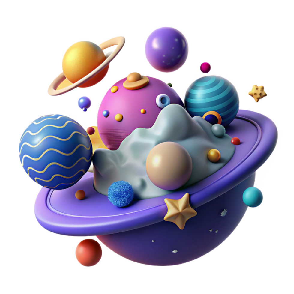 magnificent minimalist Whimsical Cosmic Scene 3D Render of Planets and Stars high quality png
