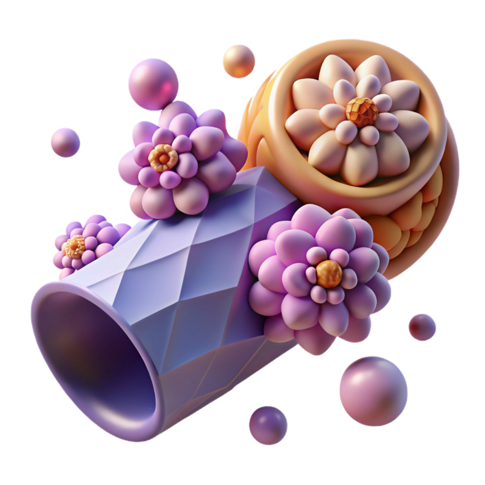 elegant vintage Abstract 3D Floral Design Purple Vase, Orange Flower, Spheres exclusive png
