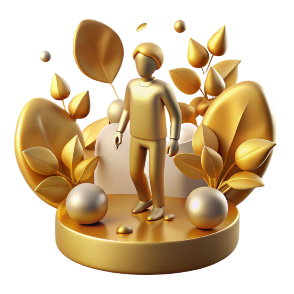 elegant minimalist Golden Figure in Nature Scene 3D Render 4K png