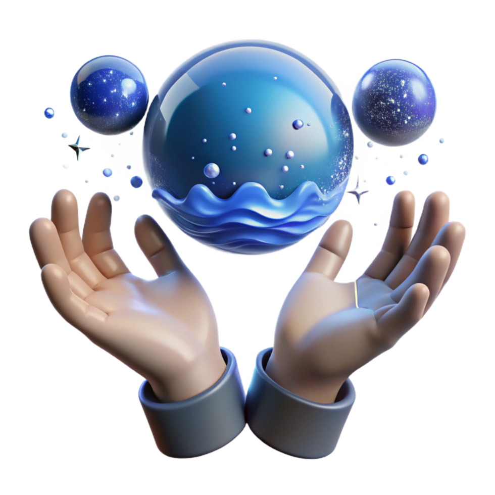 elegant contemporary Ocean in Hands 3D Render of Water Orb high resolution png