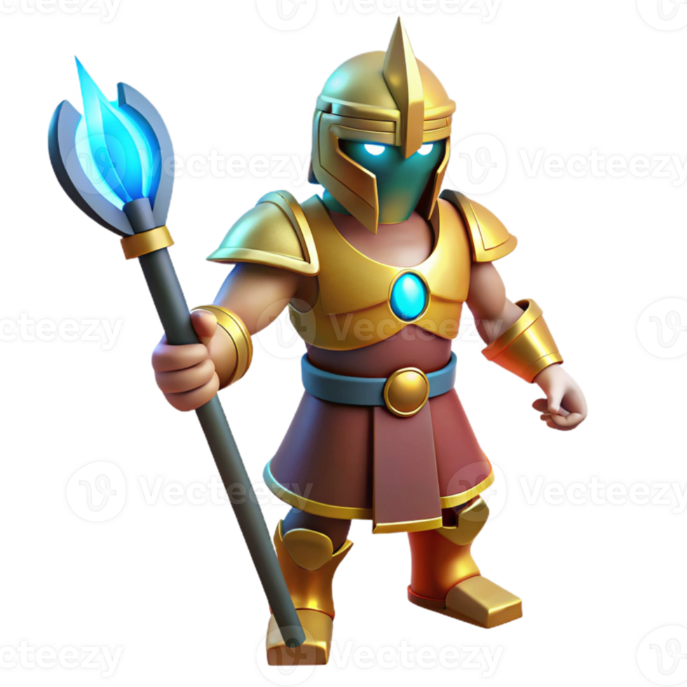 extraordinary vintage 3D Render Golden Warrior with Staff high quality png