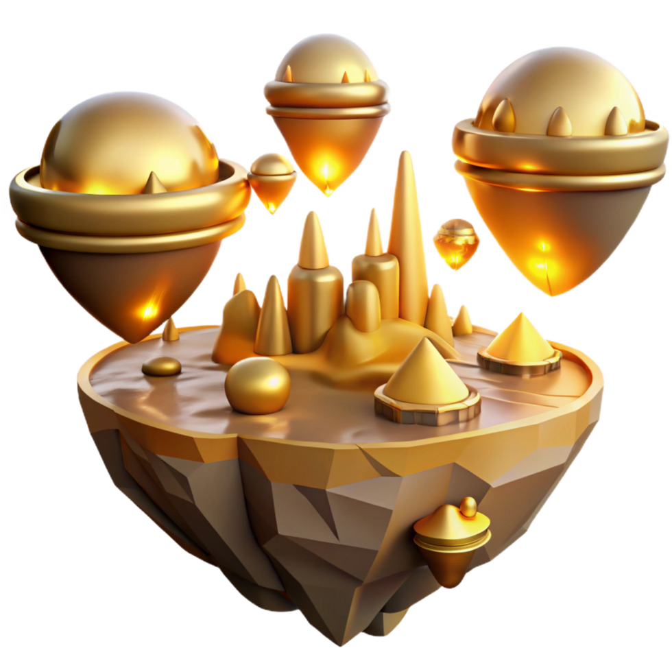 impressive rustic Golden Floating Island Abstract 3D Render detailed png