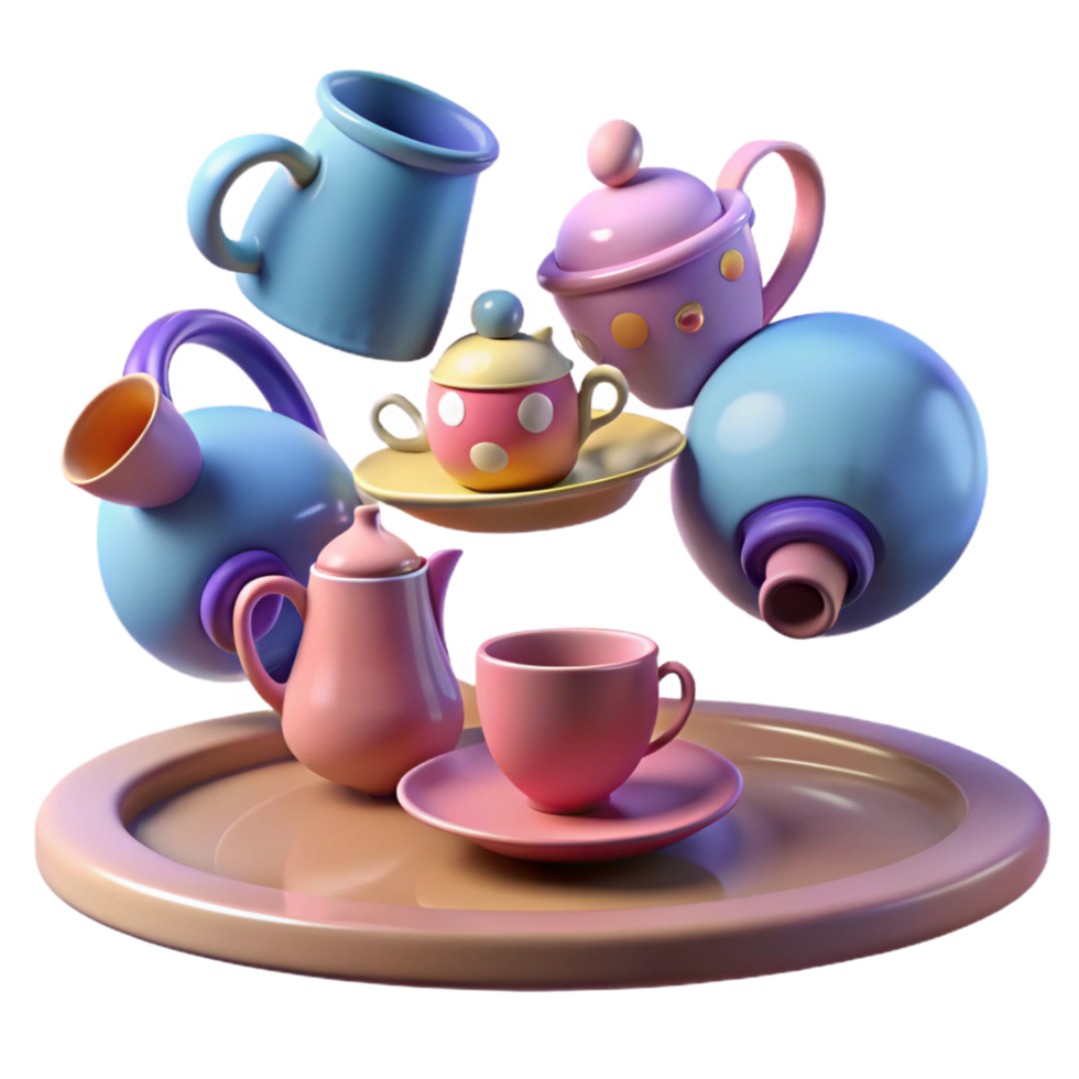 serene rustic Pastel Tea Set Cups, Pots, and Sugar Bowl on Tray premium png
