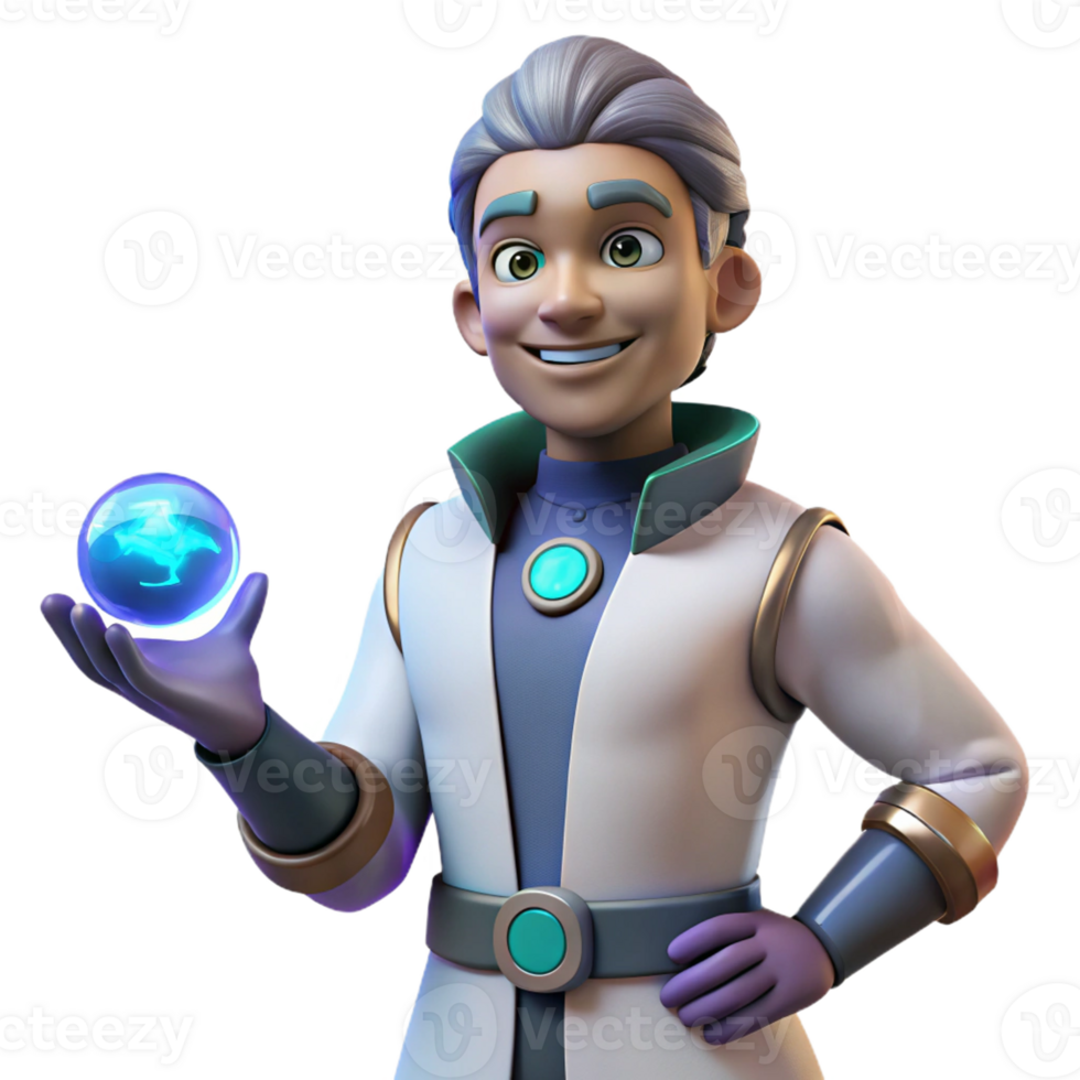 elegant contemporary Smiling 3D Cartoon Scientist with Orb detailed png