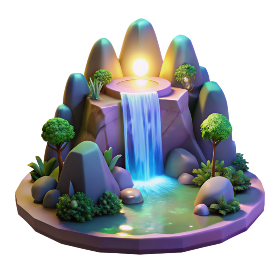 vibrant contemporary Serene Waterfall 3D Render Magical Mountain Oasis 4K png