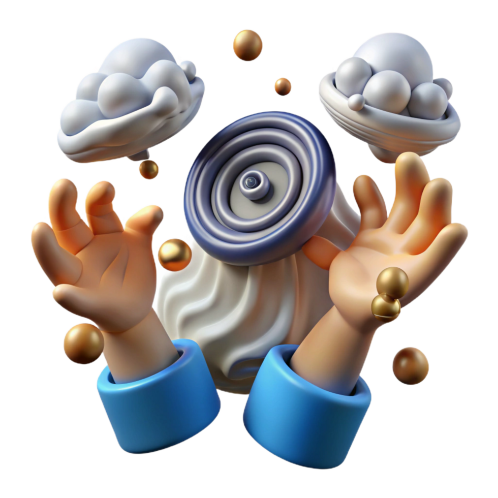 magnificent classic 3D Abstract Art Hands, Speaker, Clouds, and Spheres premium png