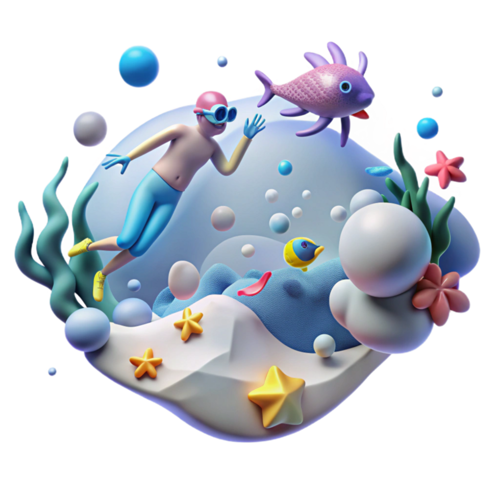 beautiful minimalist Undersea Adventure 3D Cartoon Diver with Fish high quality png