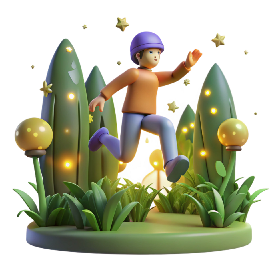 extraordinary artistic 3D Render Child Joyfully Leaps Through Glowing Night Garden original png