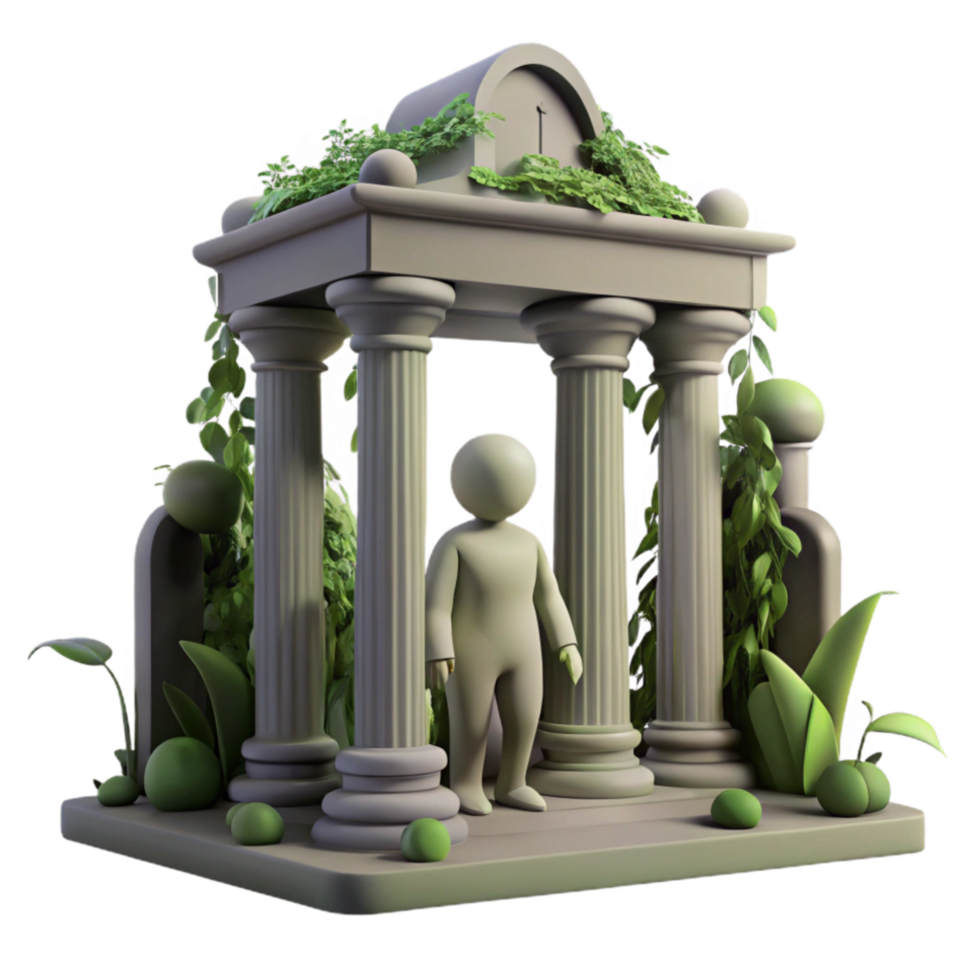 extraordinary contemporary 3D Render Figure in Overgrown Grecian Temple authentic png