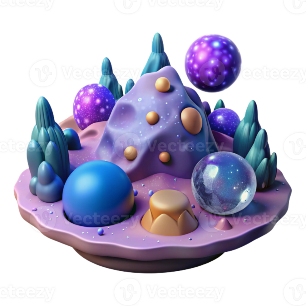 serene artistic 3D Render Fantasy Island Abstract Purple Landscape with Glowing Spheres original png