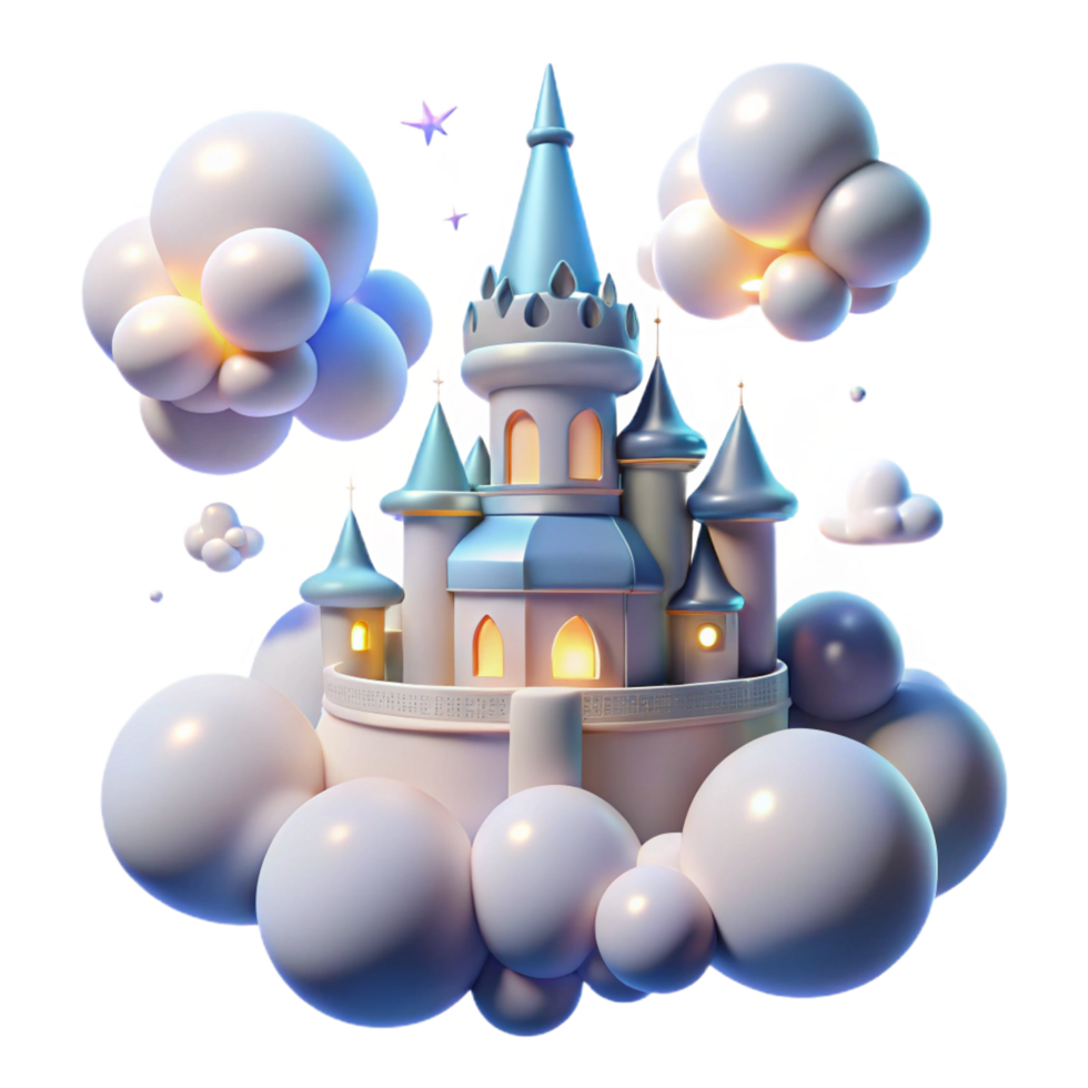 dramatic artistic Enchanted Castle on Clouds Fantasy 3D Render high resolution png