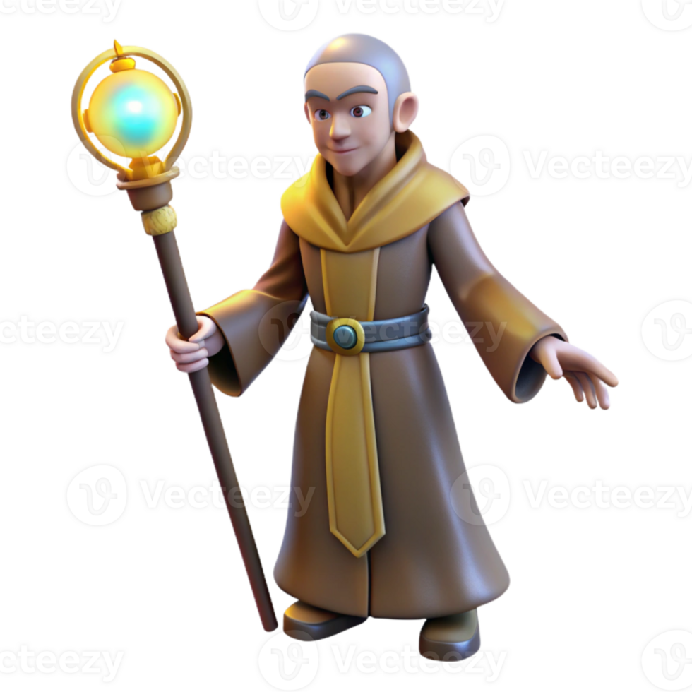 elegant minimalist 3D Cartoon Wizard with Staff detailed png