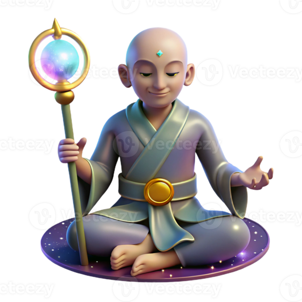 extraordinary artistic 3D Render Monk Meditating with Magical Staff authentic png