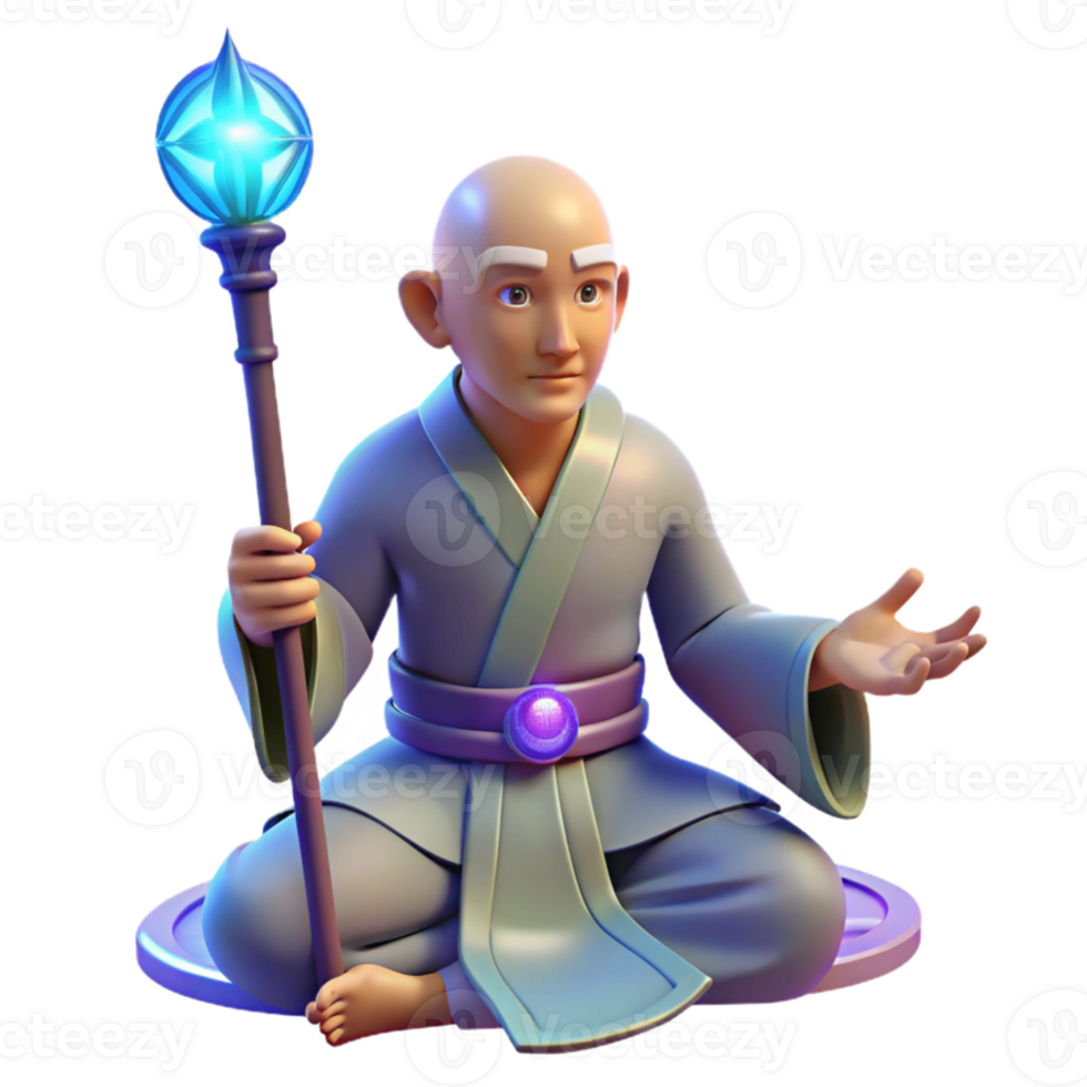 impressive classic 3D Render Monk with Staff Illustration detailed png