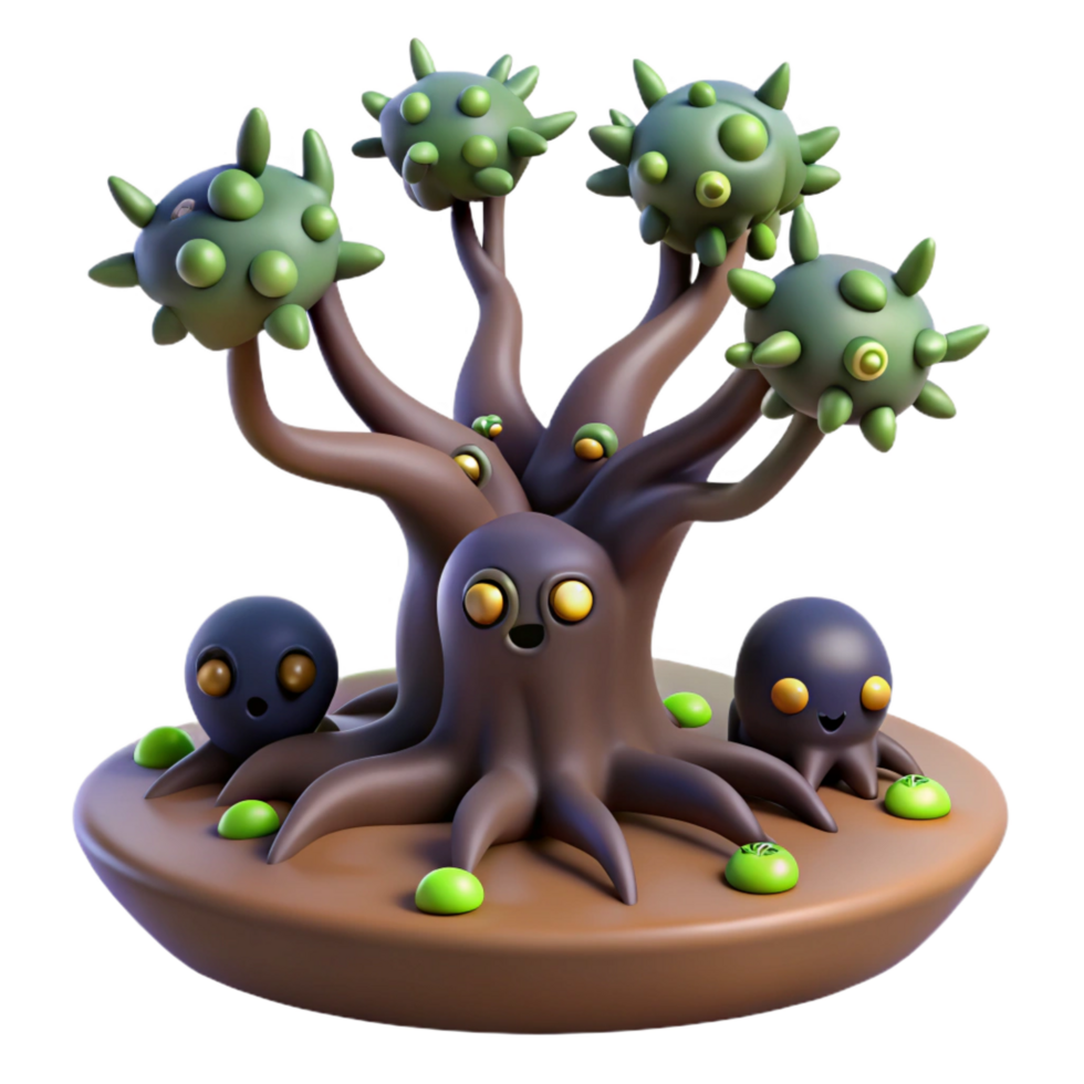 elegant classic Whimsical 3D Render of a Spooky Tree and Octopus Creatures detailed png