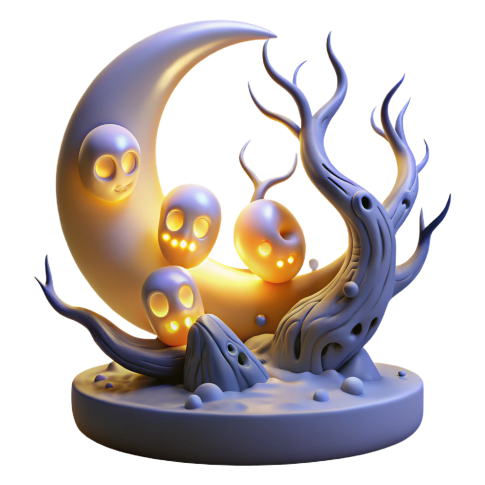 vibrant abstract Spooky Halloween Crescent Moon Scene with Glowing Skulls and Twisted Tree professional png
