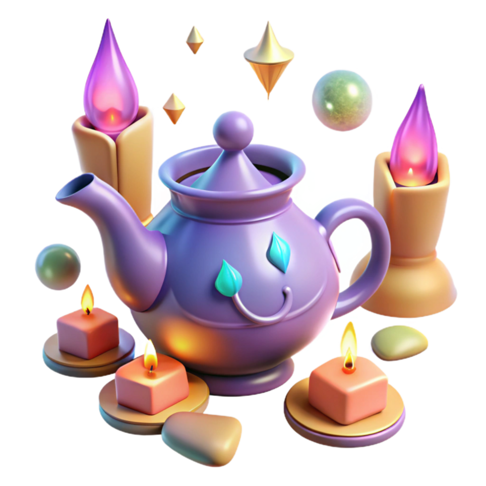 serene artistic Enchanted Teapot and Candles A Magical 3D Render authentic png