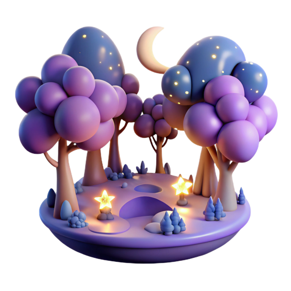 dramatic artistic Enchanted Night Forest 3D Render of Magical Trees and Stars original png