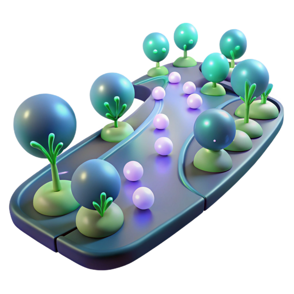 elegant abstract 3D Render of Winding Path with Cartoon Trees and Pearls detailed png