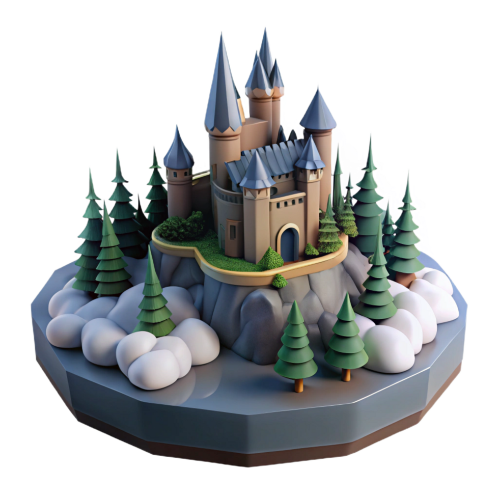 magnificent minimalist Enchanted Castle on Mountaintop Island detailed png