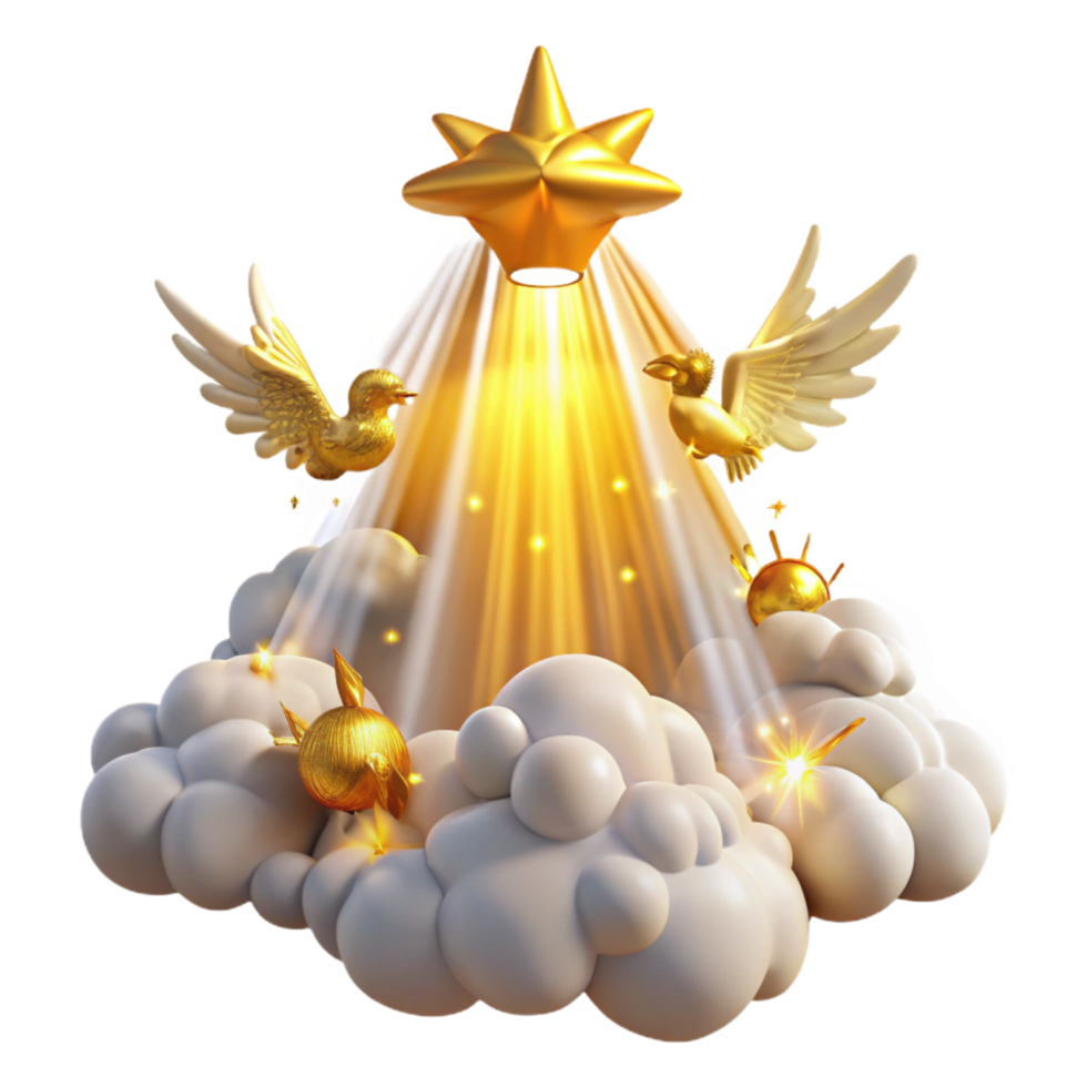 serene minimalist Golden Star, Birds, Clouds Celestial Scene 4K png