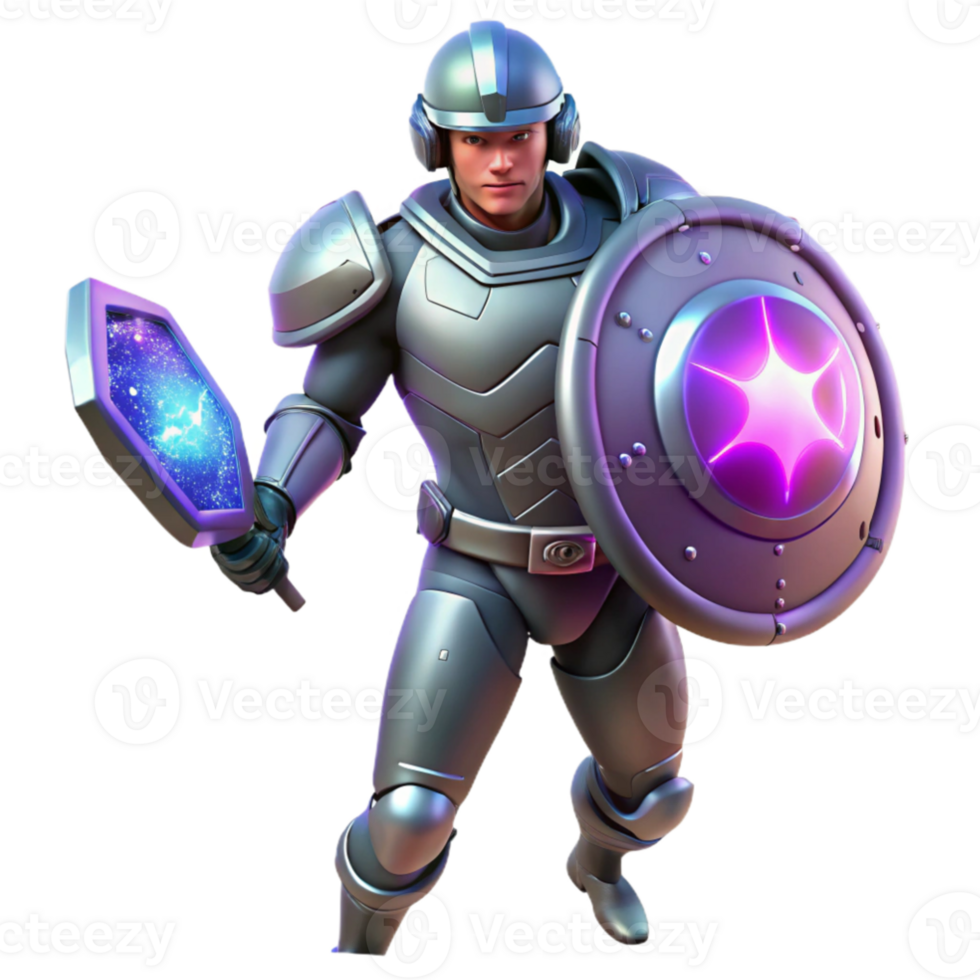 wonderful modern 3D Render Futuristic Knight with Shield and Staff 4K png