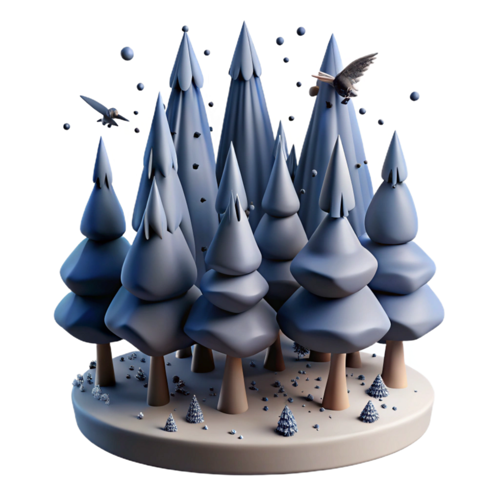 magnificent rustic Winter Forest Scene Snowy Trees, Flying Birds, 3D Render 4K png