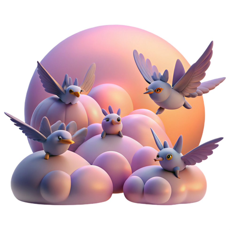 dramatic contemporary Cute Birds on Clouds 3D Render of Fantasy Creatures authentic png