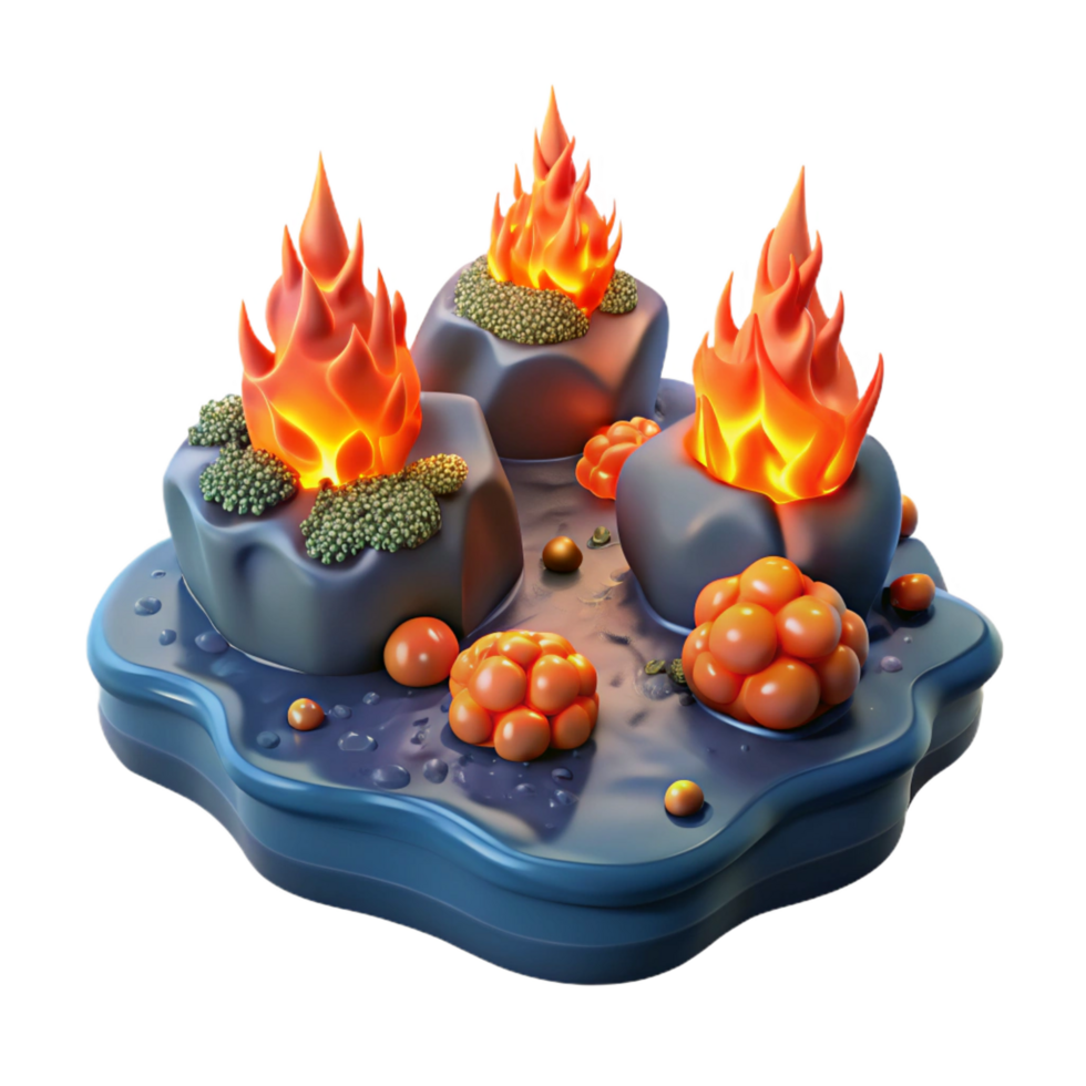 magnificent contemporary 3D Render of Volcanic Rocks, Flames, and Berries detailed png