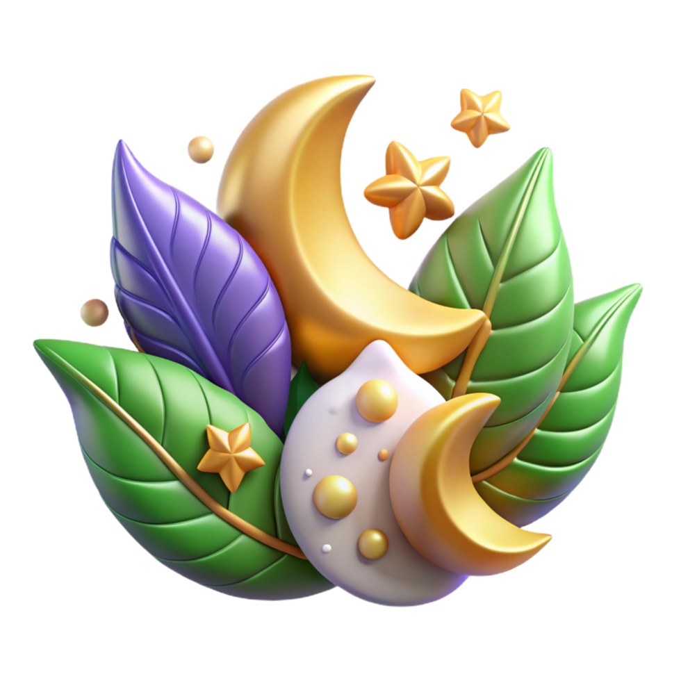 extraordinary artistic Dreamy Moon Stars 3D Render with Leaves 4K png